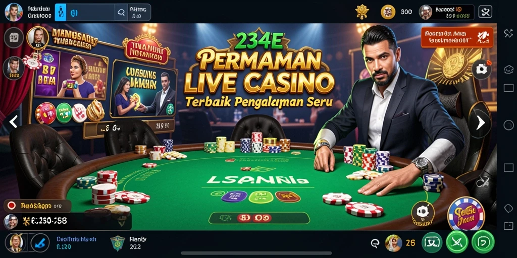 Screenshot gameplay Live Casino menampilkan dealer profesional dan pemain aktif.