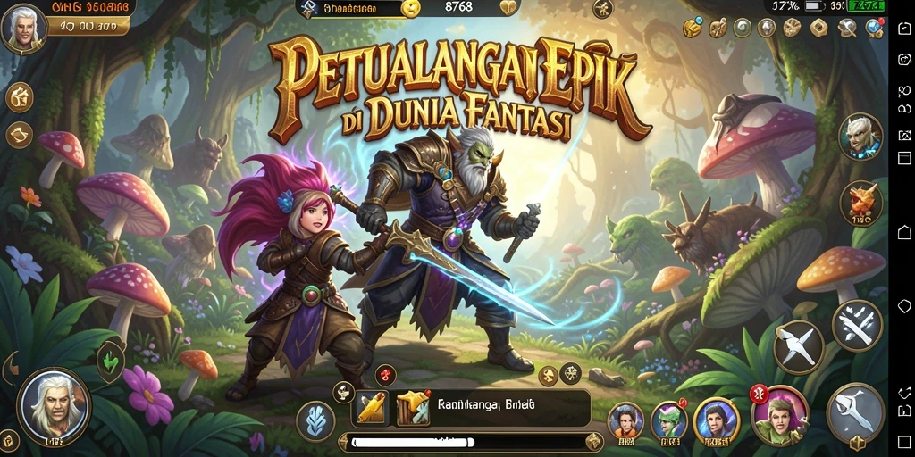 Tampilan menakjubkan dari gameplay RPG 8768 dengan berbagai karakter dan dunia fantasi.