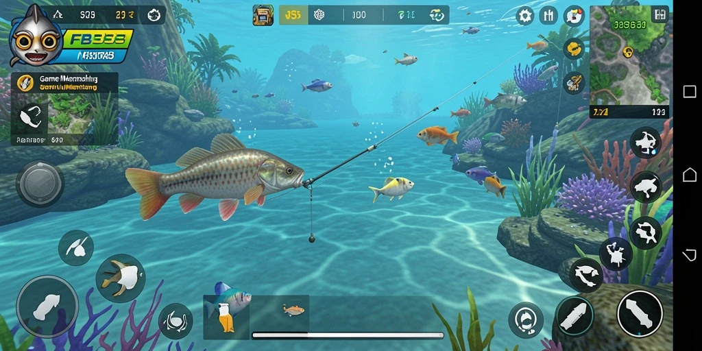Tampilan gameplay FB333 yang memukau saat memancing di danau yang indah.