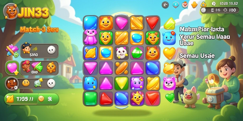 Screenshot gameplay JIN33 menampilkan penuh aksi pencocokan simbol Match-3.