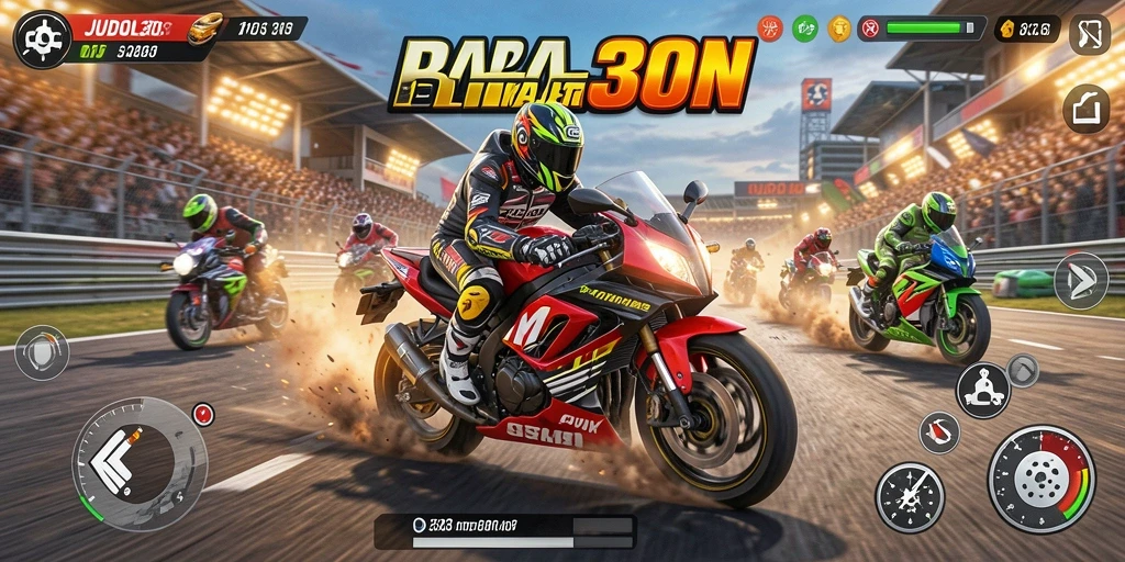 Screenshot gameplay JUDOL303 menampilkan balapan motor yang seru.