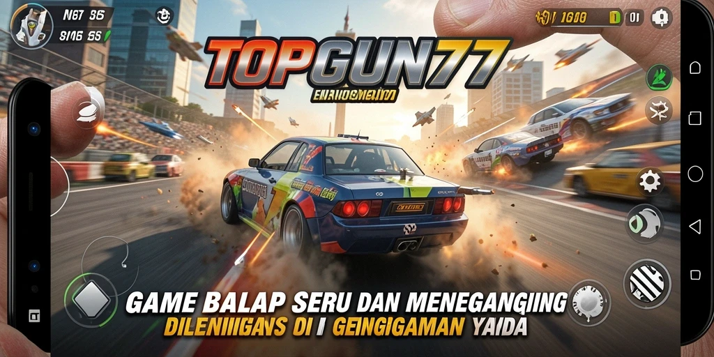 Screenshot utama gameplay <strong>TOPGUN77</strong> menunjukkan mobil balap melaju kencang di lintasan.